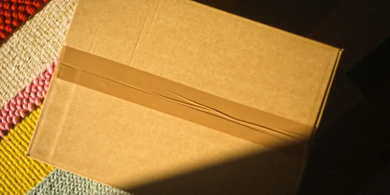 A taped cardboard parcel in a patch of sunlight on a striped woven rug